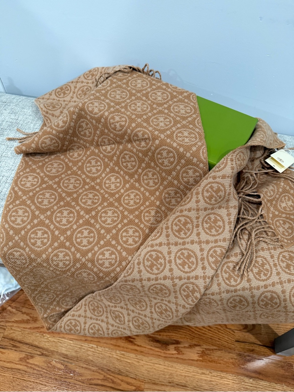 Tory Burch Two-Tone Camel Logo Fringe Scarf
